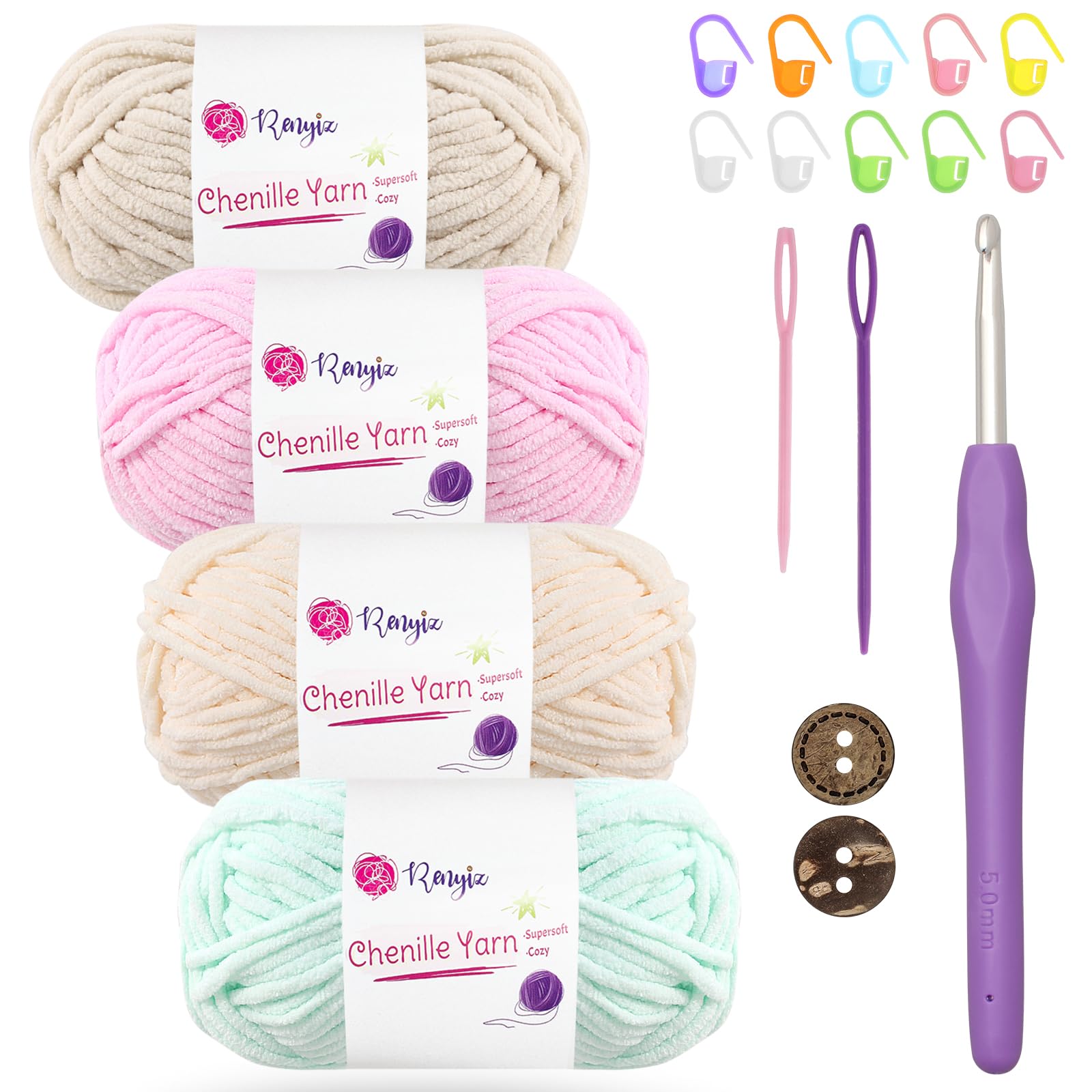 Chunky Chenille Yarn 4x50g(60m/Skein) Thick Soft Fluffy Wool Perfect for Crochet Baby Blankets with 5mm Crochet Hook