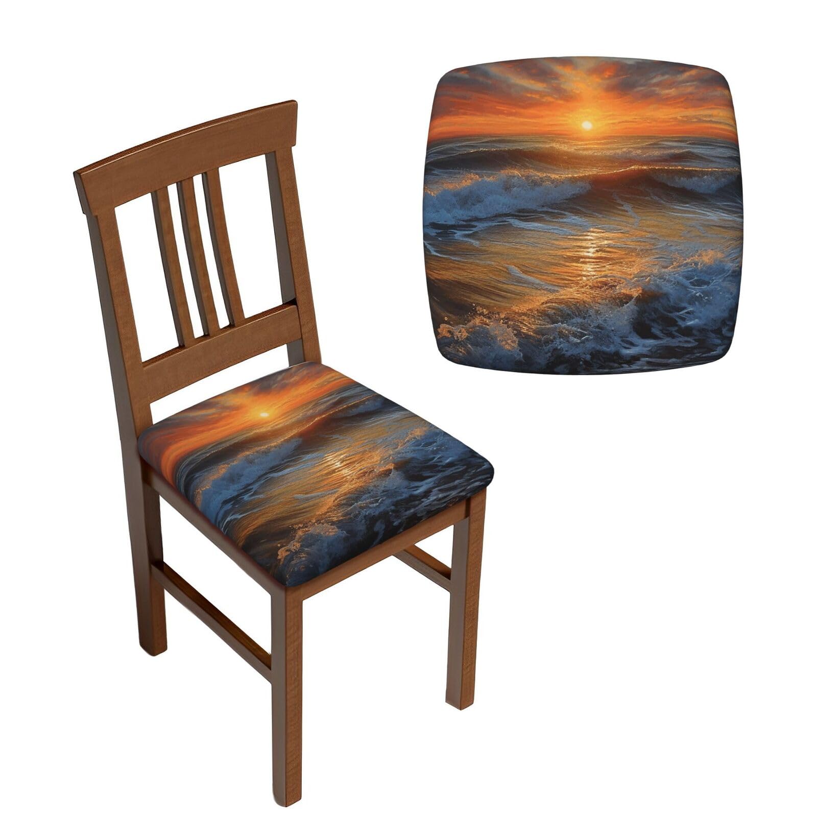 FodPand 2PCS Dining Chair Covers for Dining Room Sunset Seascape Chair Seat Cover Stretch Parsons Chair Slipcover Removable Washable Seat Cushion Slipcovers Cover for Kitchen Office