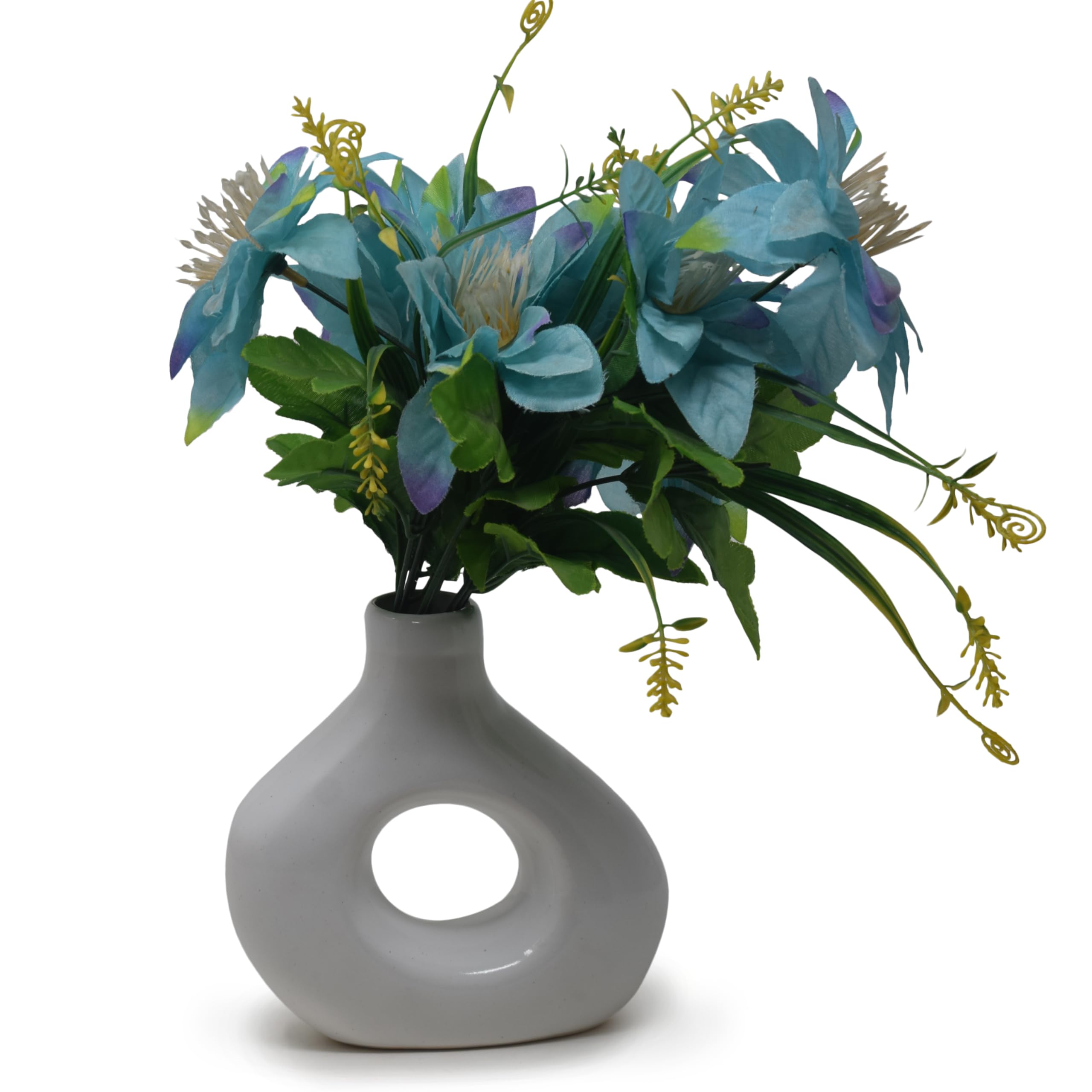 The Himalayan Goods Company Asymetric Ceramic Flower Bud Donut Vase 6 Inches for Plants Pampas Grass Home Decoration Items for Living Room Centerpiece Office Table (White) 2