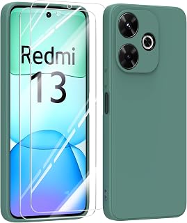 Hülle für Xiaomi Redmi 13 4G HandyHülle + 2 Stück Schutzfolie,Dünn Weiche Liquid Silikon TPU Stoßfeste Schutzhülle mit Microfiber Case - Dunkelgrün