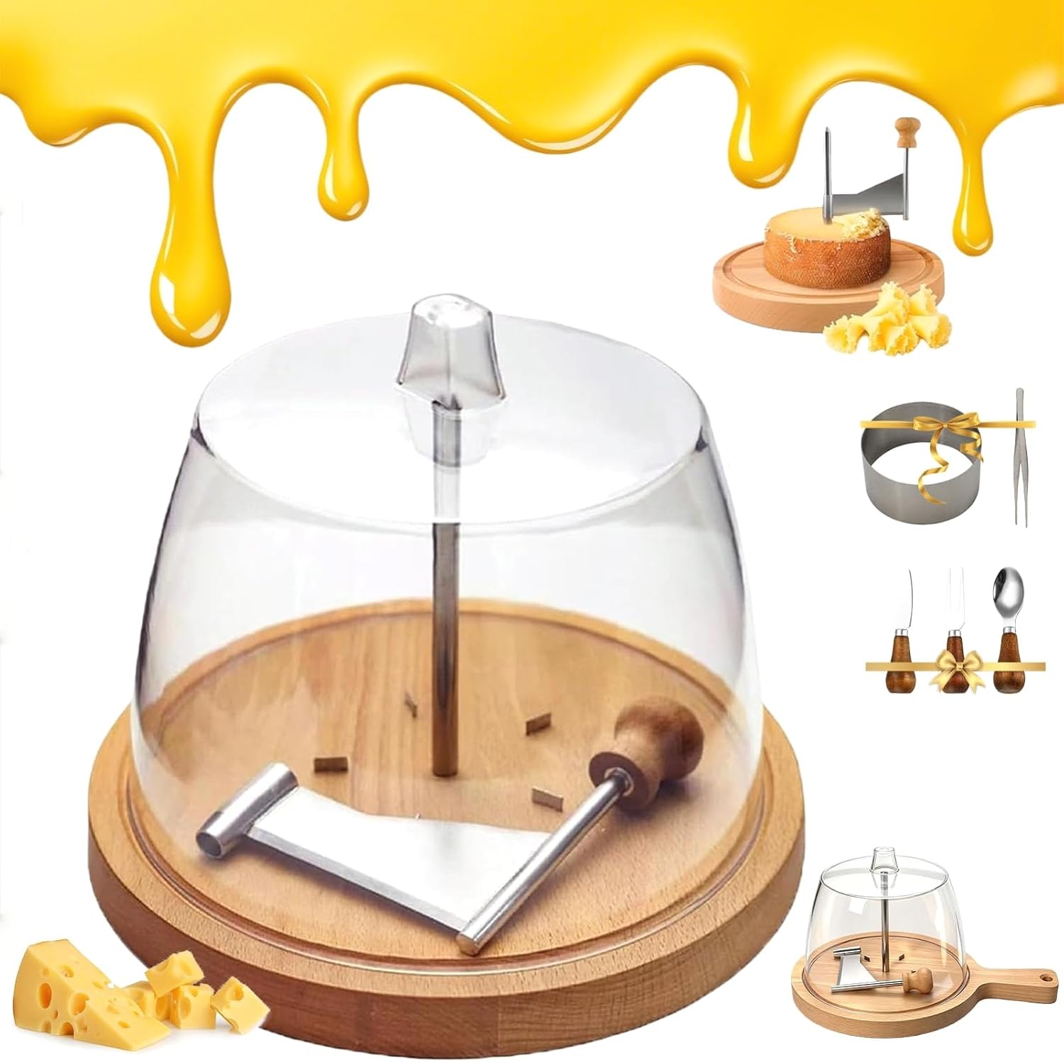 Cheese Curler Wheel with Glass Dome - Effortlessly Create Rose-Shaped Cheese and Chocolate Curls, Easy-to-Use Cheese Flower Maker with Natural Wood Color, Set of 2