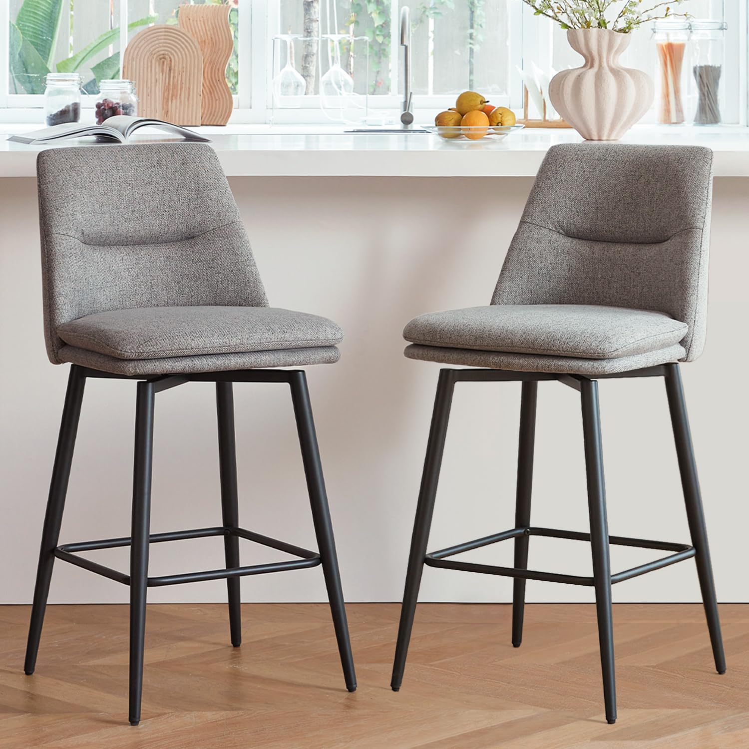 Grey Counter Height Bar Stools Set of 2, 26 Inch Seat Height with Back and Metal Legs, 360° Swivel Upholstered Fabric Swivel Bar Stools