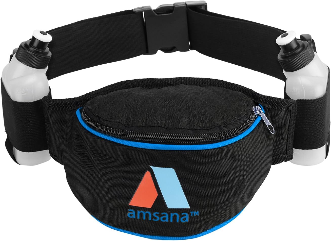 Amsana™ Hydration Runners Belt with large pouch – Fanny Waist Pack – Trip Bag - For Men & Women - Two 7oz BPA Free Water Bottles Included (Blue)