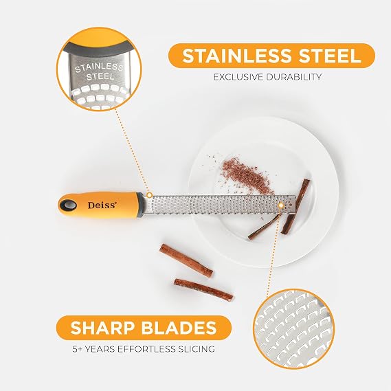 Deiss PRO Citrus Zester & Cheese Grater Parmesan Cheese Lemon, Ginger, Garlic, Nutmeg, Chocolate, Vegetables, Fruits - Razor-Sharp Stainless Steel Blade, Wide, Dishwasher Safe