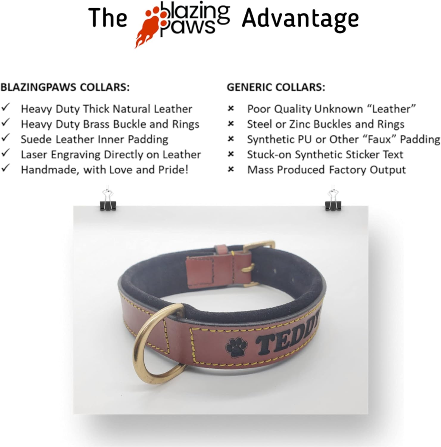 Pawficer Soft Padded Personalized Heavy Duty Thick Leather Dog Collar with Engraved Name, Brown with Black Suede Padding (L: 17-20", Brown - with Engraved Name)