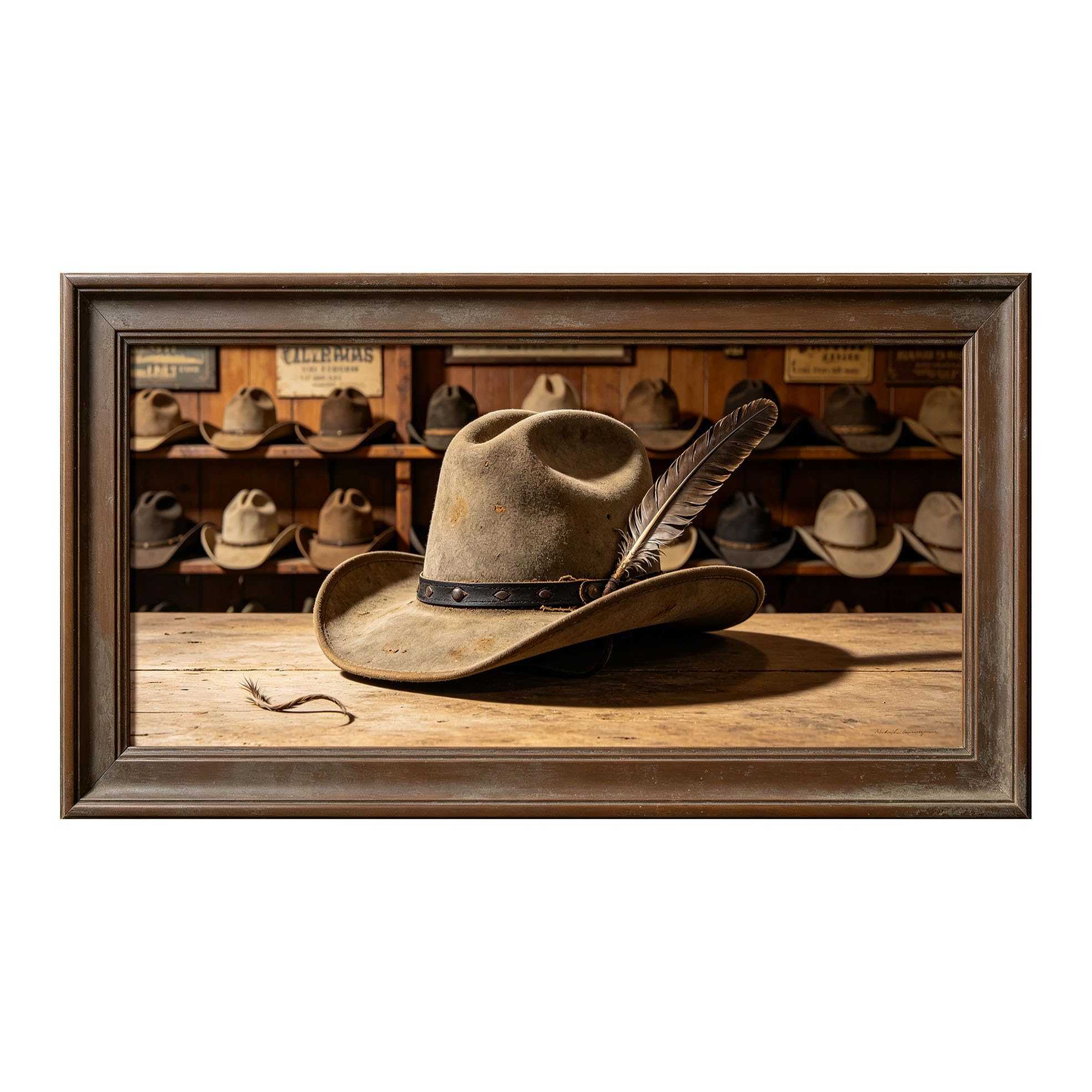 Yzpallescene 3D Framed Wall Art 50cm×100cm Western Cowboy Hat Rustic Vintage Style Panoramic Realistic Prints Artwork for Living Room Bedroom Office