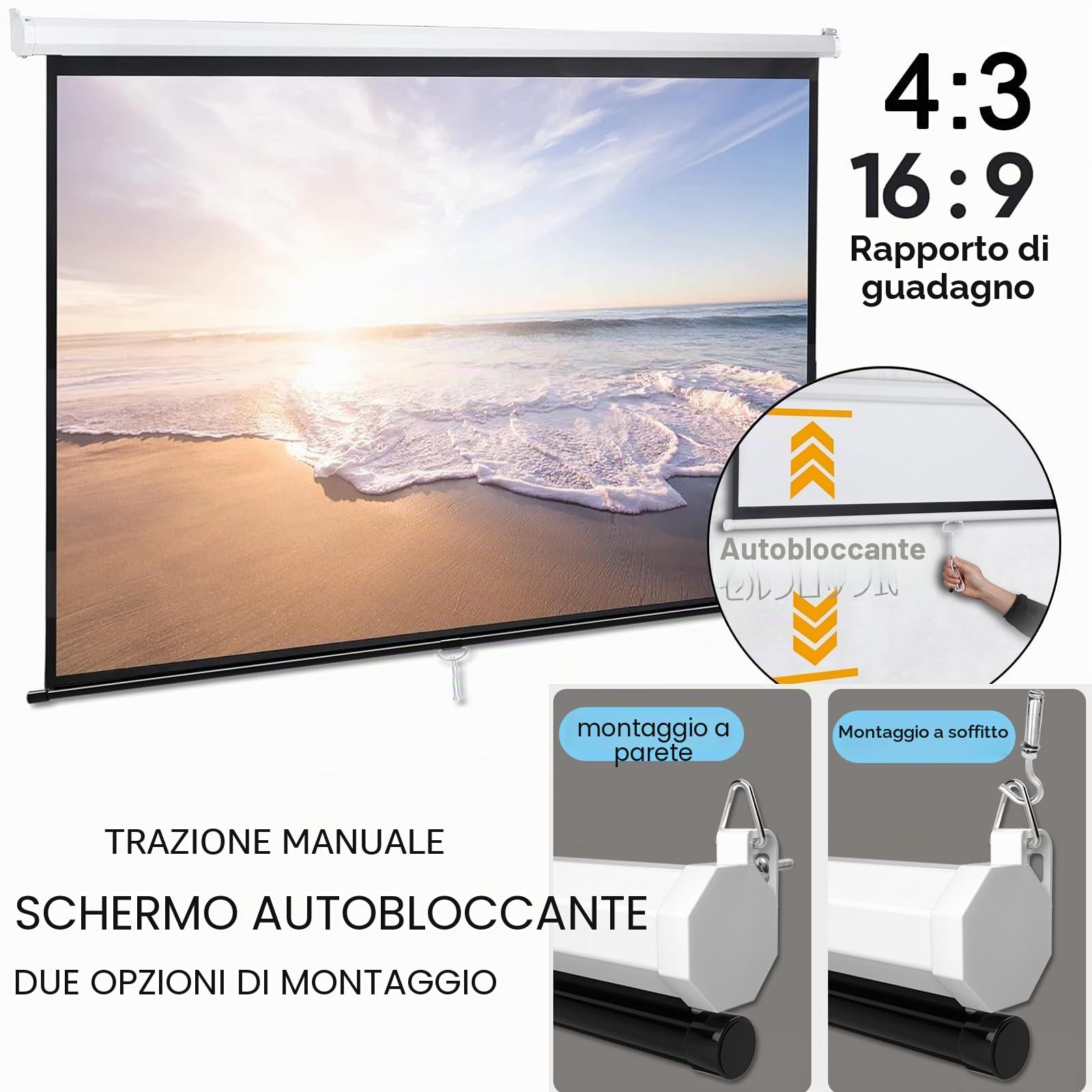 Manuale Telo Proiettore Avvolgibile - 60 72 Pollici Schermo Per Proiettore Universale 4:3 16:9 HD - Projector Screen W/Auto-Locking, Altezza Regolabile, Montato A Parete/soffitto(60inch 4:3)
