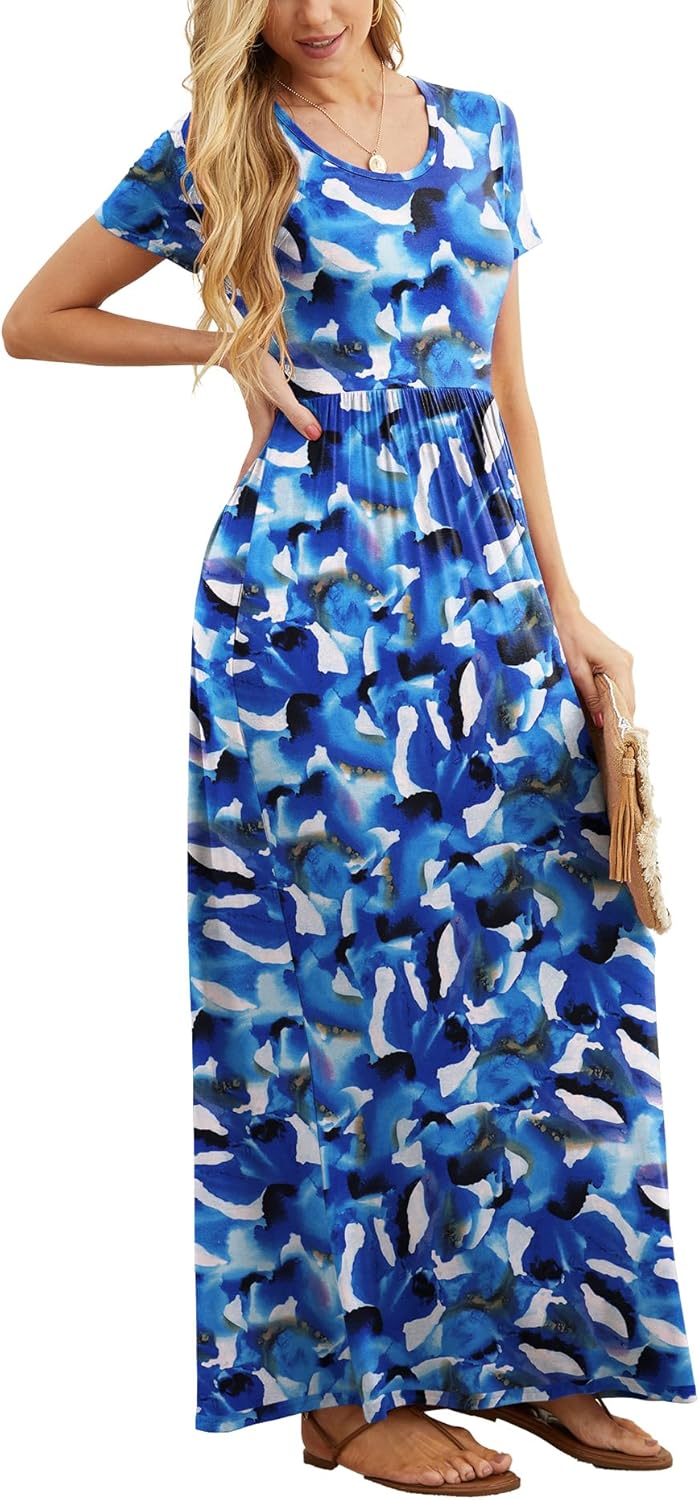 GRECERELLE Women Summer Casual Maxi Long Dress Short Sleeve Crew Neck with Pockets, Size S-3XL - Image 3