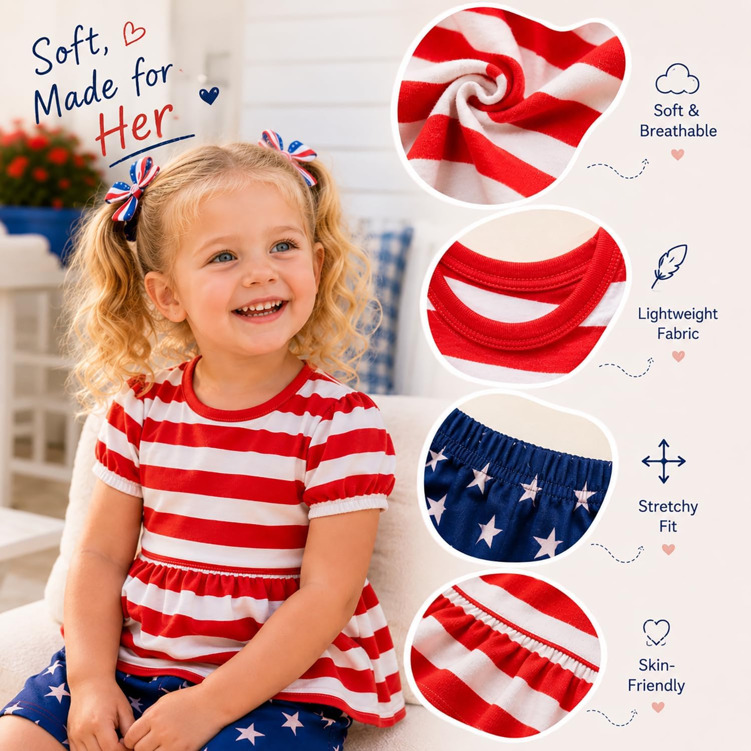 Toddler Girls 2 Piece Outfits Baby Summer Puff Sleeve Shirts Shorts Set Cute Clothes(American Flag,2T,Red/white/blue)