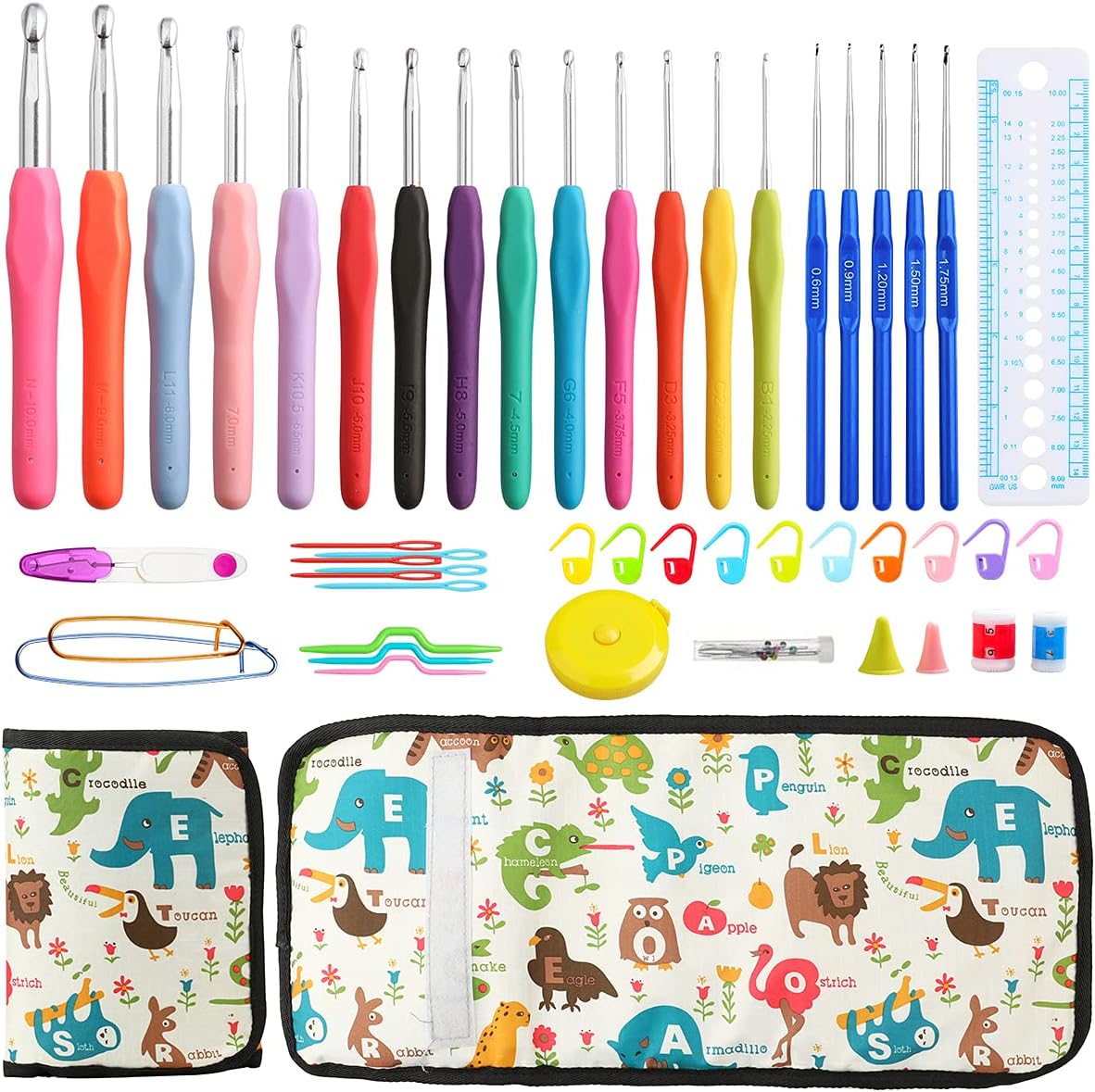 LOOEN Crochet Hooks Set w Case, 14 pcs Rubbery Handles Crochet Hooks 2.25MM-10.5MM and 5 pcs Blue Lace Hooks 0.6MM-1.75MM Comfort Grip for Arthritic Hands-Accessories Included (animal)