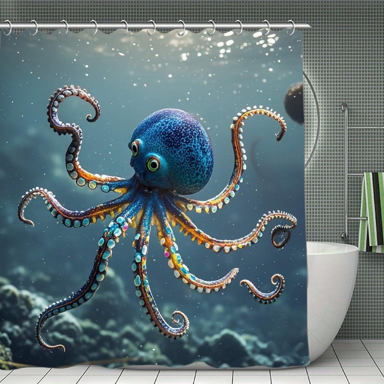 FekiLoot Octopus Shower Curtain with Hooks Modern Farmhouse Bathroom Curtain Waterproof Cloth Bath Curtains Cute Washable Blackout Privacy Curtains for Bathroom Bathtub 70.8"x70.8"