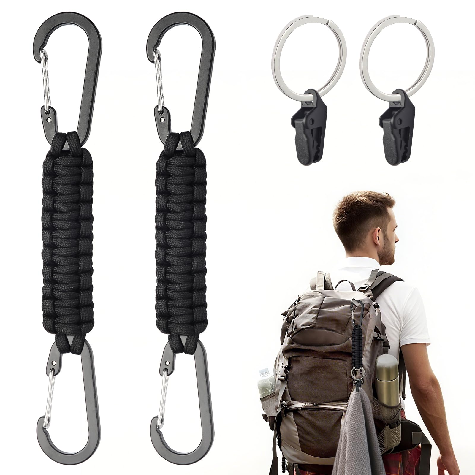 WIZFOKO Paracord Keychain Carabiner Set with Tactical Clips, D-Ring Lanyard Hook, Multi-Function EDC Gear for Backpacks, Water Bottles, Hiking,