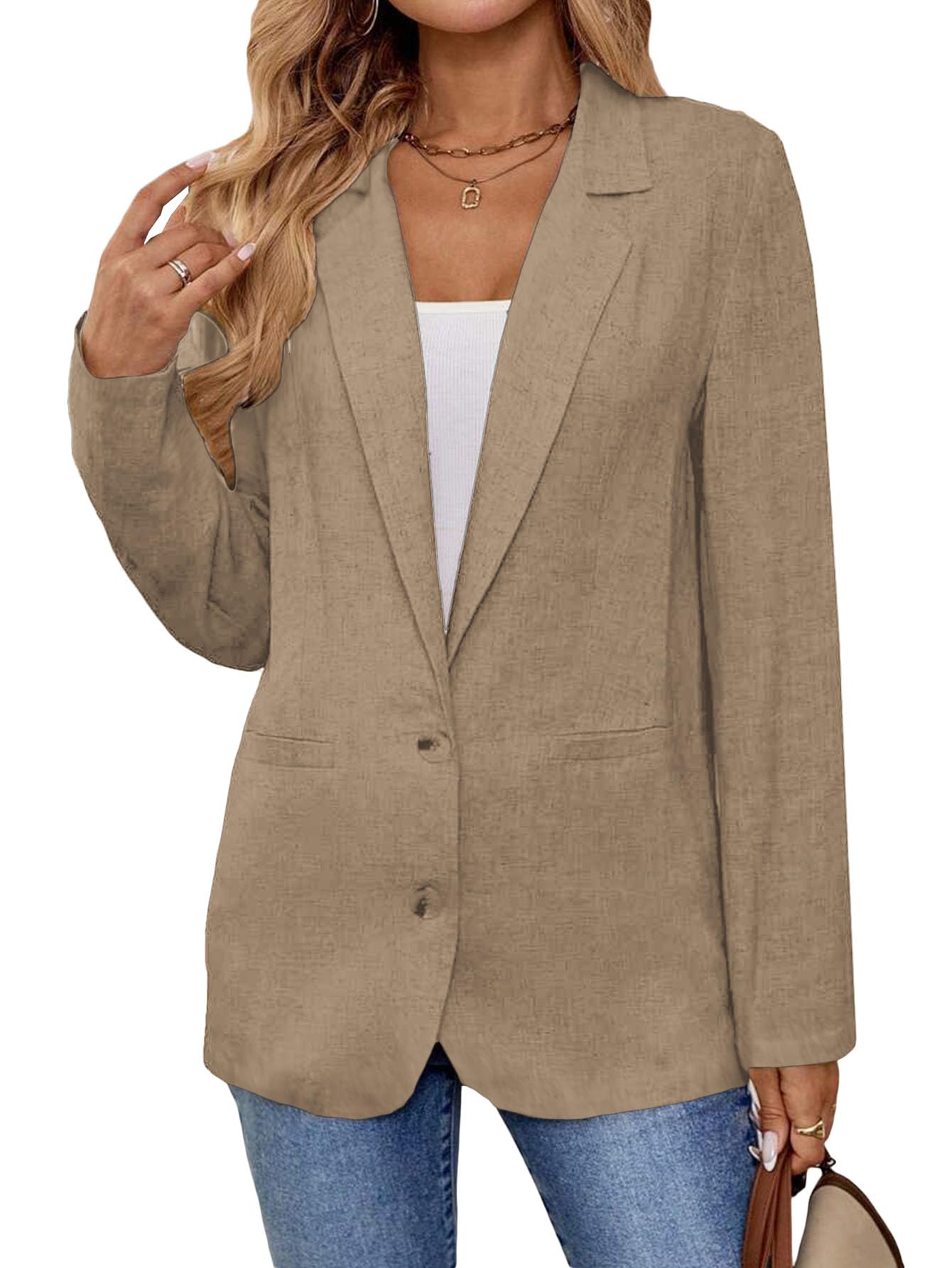 Photo 1 of Mina Self Womens Casual Linen Blazers 2025 Summer Open Front Long Sleeve Khaki Lightweight Business Work Office Jackets Blazer Women’s Single Button Professional Cute Jacket Suits OB034 Khaki XL