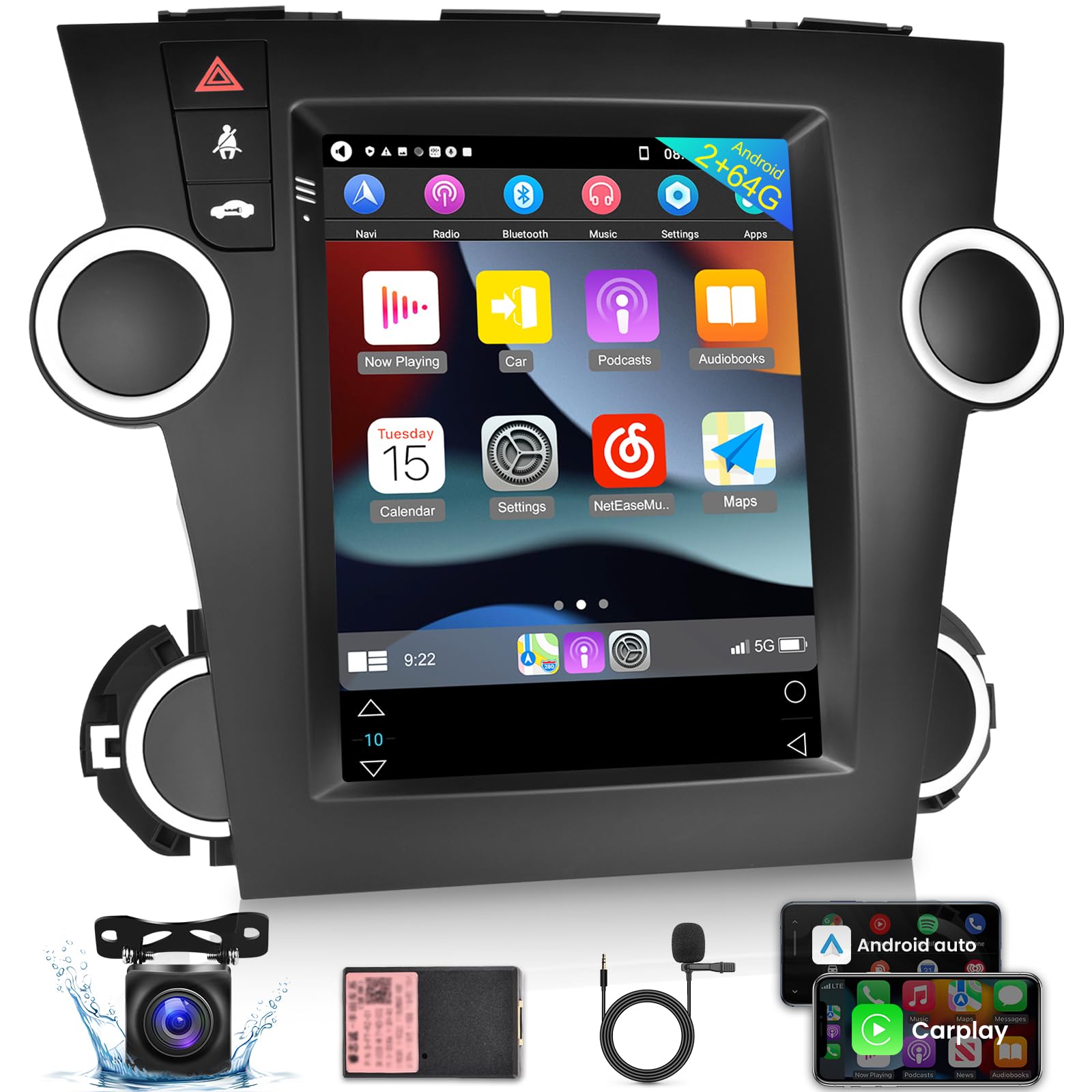 9.7 Inch Android 13 Car Stereo for Toyota Highlander 2007-2013 Wireless Carplay and Android Auto, 2+64G HiFi Radio with GPS/WiFi/Bluetooth + AHD Backup Camera