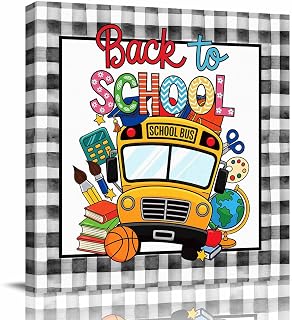 Back To School Wall Art Decor for Living Room Bedroom Kitchen Office Hotel, Cartoon Truck Basketball Brush Plaid Wooden Framed Canvas Picture Oil Painting with Wrapped Design - Ready To Hang 12"x12"
