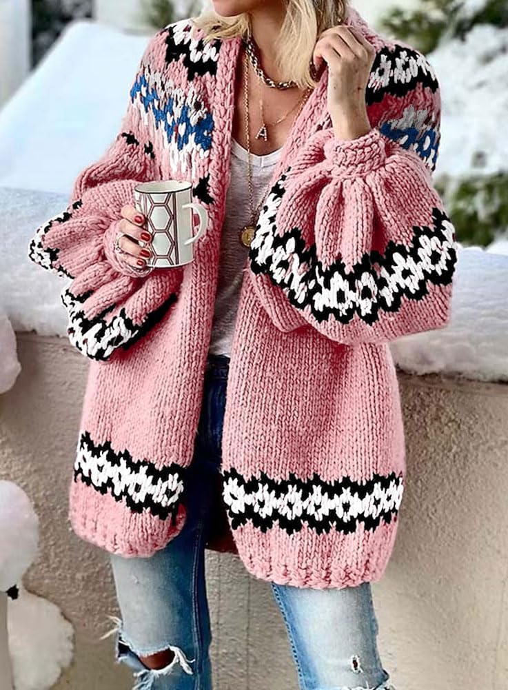 CHOUYATOU Women's Fall Casual Patterned Cardigan Sweater Oversized Open Front V-Neck Chunky Knit Cardigan Coat - Image 2