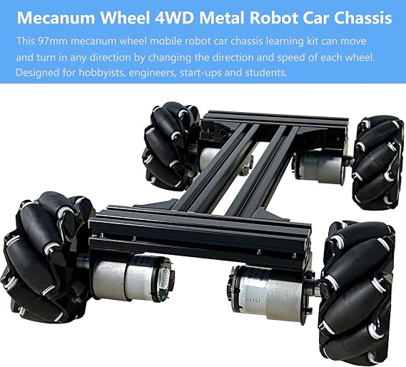 Mecanum Wheel 4wd Metal Robot Car Chassis Control Learning Kit for Arduino Raspberry Pie Microbit with DC Encoder Motor, DIY Steam AGV ROS AI Move Education Platform Robotic Functional Model Black
