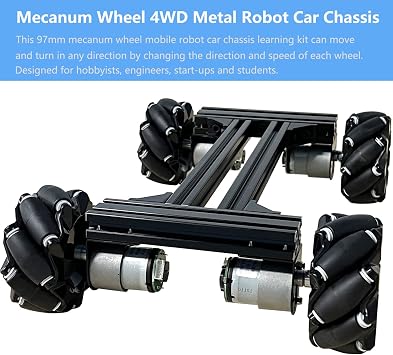 Mecanum Wheel 4wd Metal Robot Car Chassis Control Learning Kit for Arduino Raspberry Pie Microbit with DC Encoder Motor, DIY Steam AGV ROS AI Move Education Platform Robotic Functional Model Black