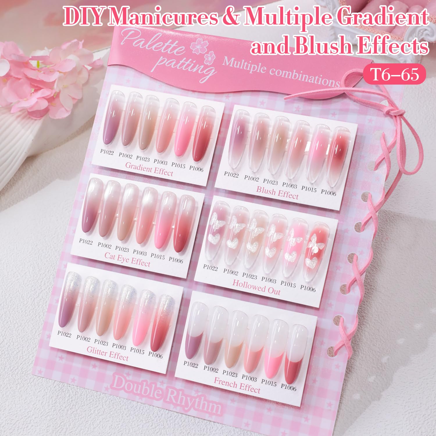 Double Rhythm Painting Gel Polish Set for Nail Art Palette Patting Gel Polish 6 Colors with 100 Pcs Sponges and Grabbing Pen (Nude Pink Purple Rose-T6-65) image 2
