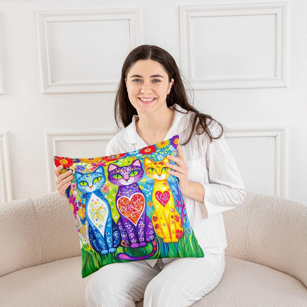 Manfei Folk Art Cat Throw Pillow Cover Boho Colorful Floral Double-Sided Pillow Case Bedroom Living Room Animal Mexican Cushion Cover for Bed Couch Soft Pillowcases,18x18 Inches Green Purple image 4
