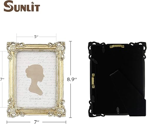 Miniatura 2 de Sunlit Marco de fotos vintage de 5 x 7 pulgadas, marcos de fotos antiguos de lujo con frente de cristal, pantalla de fotos, colgar en la pared de