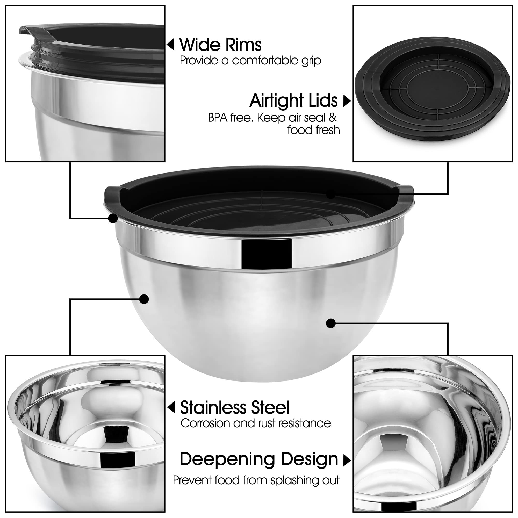 Ciotole Per Miscelare In Acciaio Ciotole Cucina Herogo Ciotole Per Mescolare Con Coperchi Ermetici, Set Da 3 Pezzi In Acciaio Inox E 5 Accessori In Silicone, Insalatiere In Metallo Per Preparare La - 3