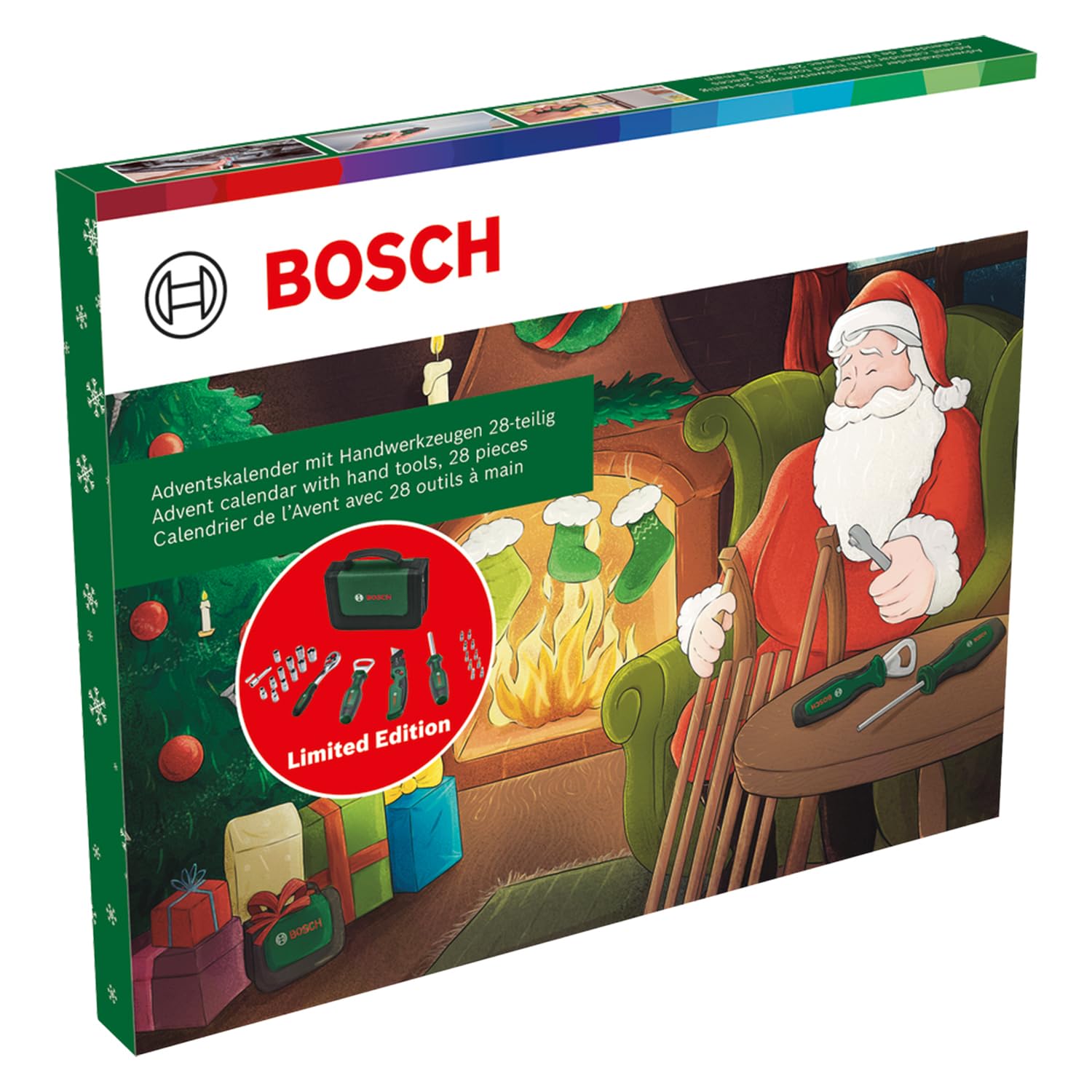 Bosch Calendrier de l'Avent 2023 28 pièces pour bricolage (kit d'outils avec cliquet ¼", tournevis universel, couteau pliant, décapsuleur, embouts et douilles ; dans un sac de rangement)