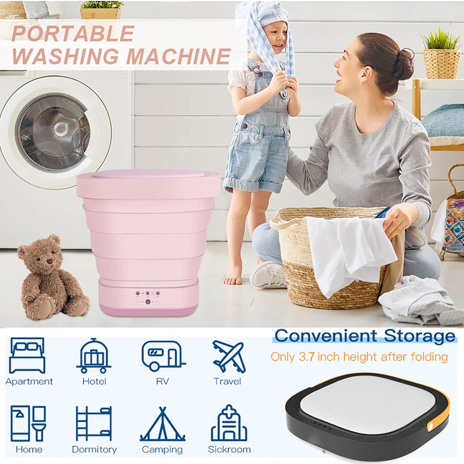Lavadora Secadora Integrable 60/80℃ Secado y UV Lavadora Secadora Integrable Potencia:60W,Rueda de Onda 4D Mini Lavadora para Calcetines Ropa Interior,White