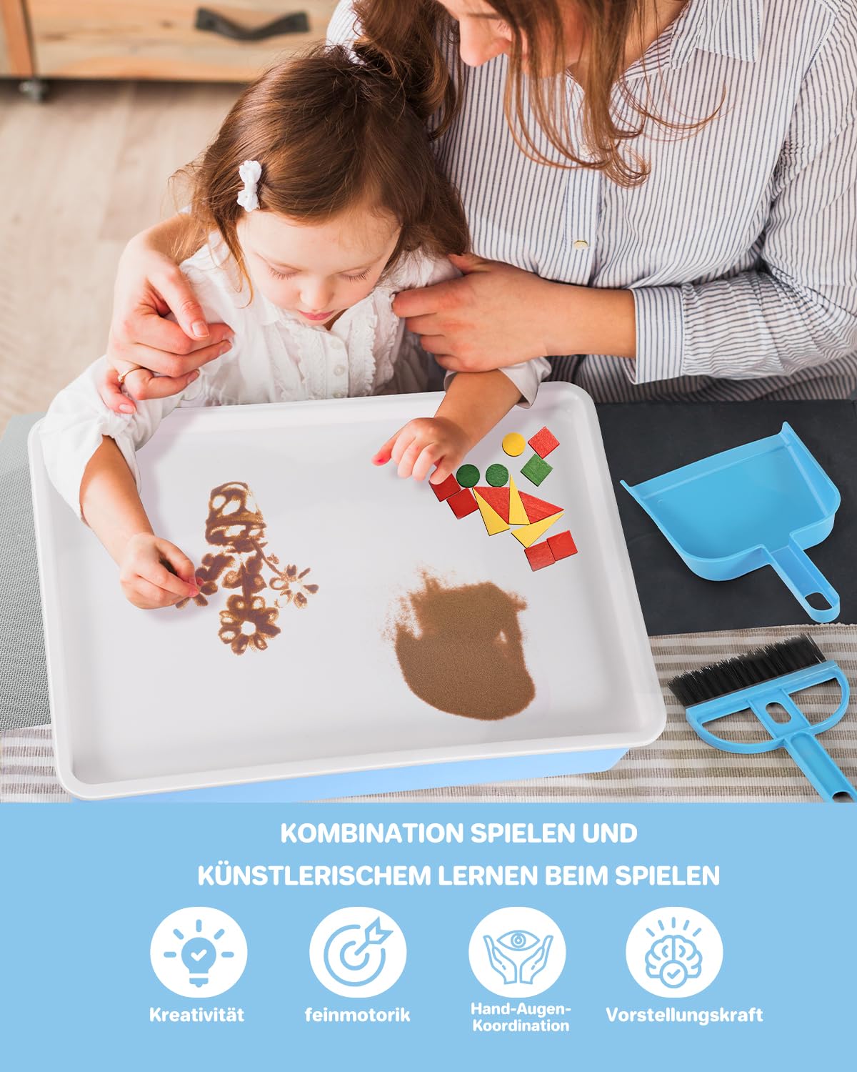 AtMini Sandmalerei Lichtkasten für Kinder mit 4 Packungen NatursandSand, Sandtablett Set für Kinder Sand Sensory Spielzeug ab 3 Jahr（blau）