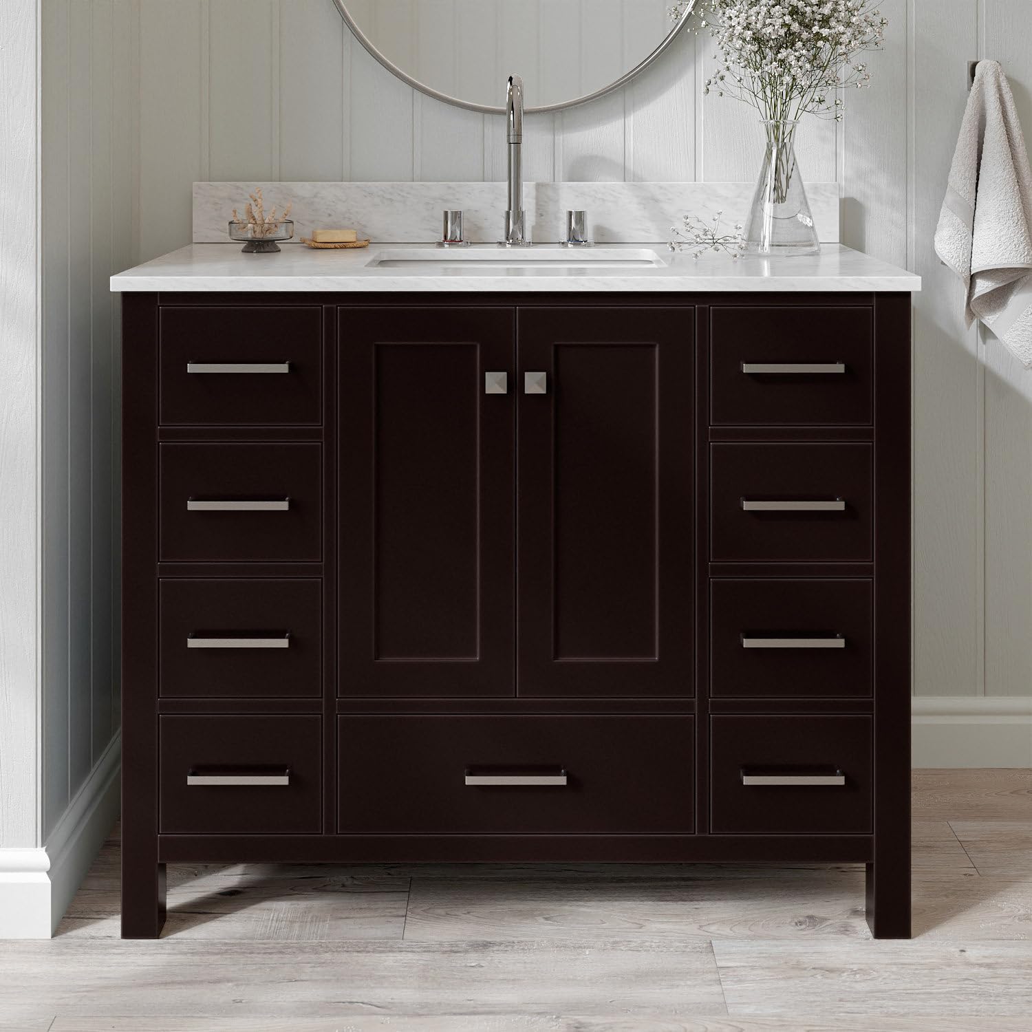 ARIEL Cambridge 42-inch Bathroom Vanity with Sink,Solid Wood, 0.75-inch Italian Carrara Marble Countertop, Single Rectangular Porcelain Sink, 2 Soft Closing Doors, 9 Dovetail Drawers, Espresso