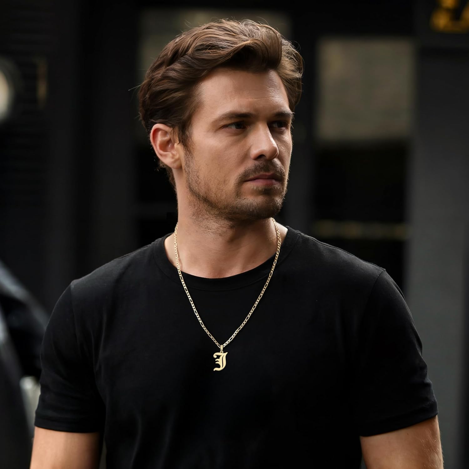 Beleco 14k Gold Plated Initial Pendant Necklace for Men – A-Z Letter Necklace with Figaro Chain, Old English Personalized Gold Alphabet Charm Jewelry - Image 4