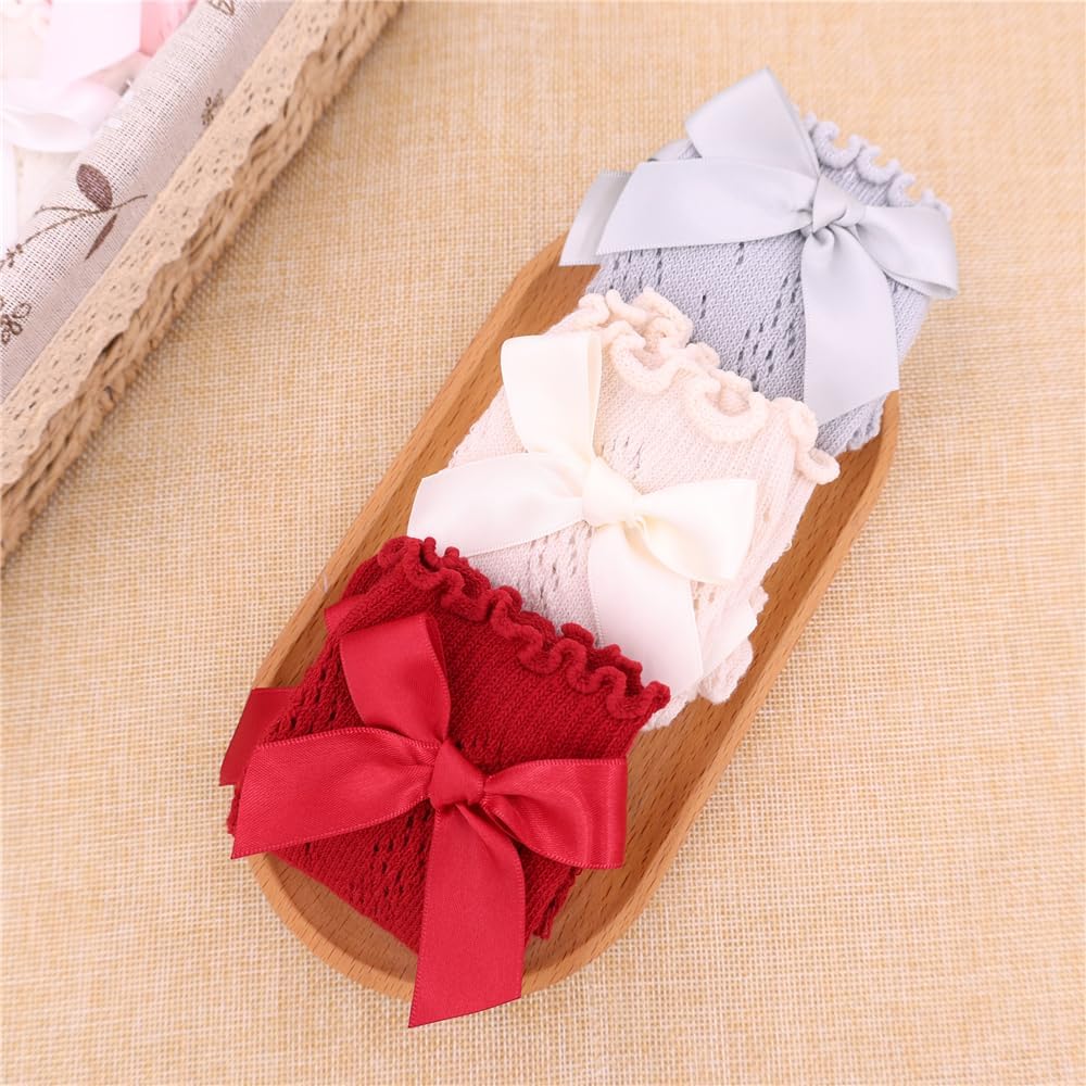 Sugarmelon Baby Girls Ruffle Socks with Bows Infant Toddler Kids Long Stockings Mesh Knee High Socks - Image 2