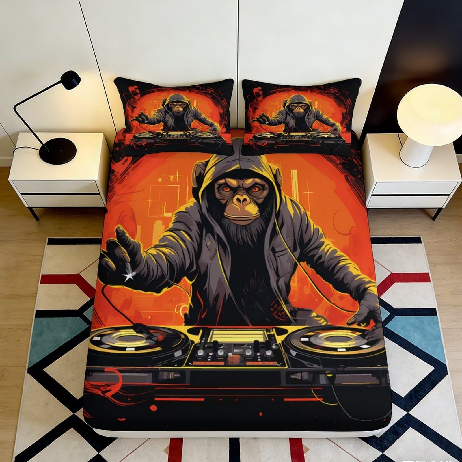 3D Printed DJ Monkey Fitted Sheet Microfiber Urban Graffiti Bed Cover for Bedroom Dorm Mattress Protection Decor 120x200x25cm