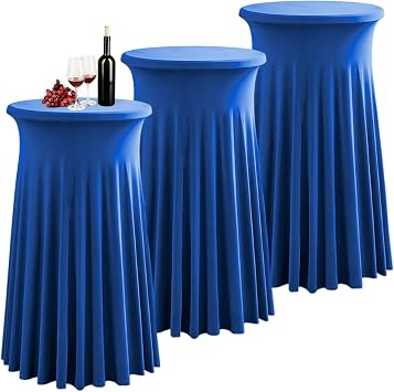 Spandex Cocktail Tablecloth, 80x110cm Round Cocktail Table Skirt with Wavy Drapes, Fitted High Top Cocktail Table Covers, Meeting Wedding Event Decoration,Blue,3pcs