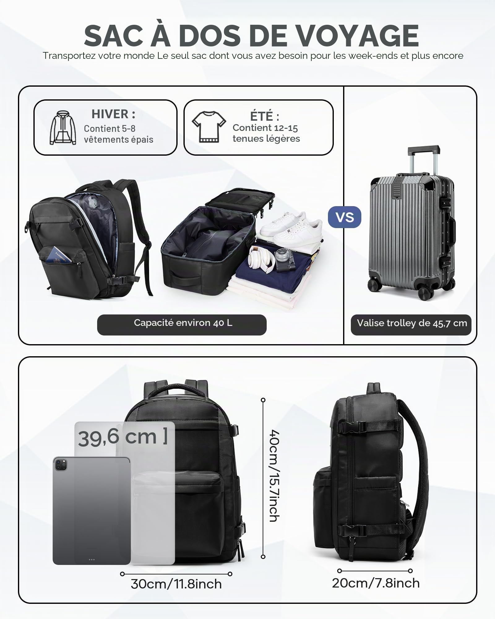 Sac a Dos Voyage Cabine Avion Sous Vide 40x30x20, Sac de Compression Bagage Cabine avec Airbag, Bagage à Main Imperméable -Noir
