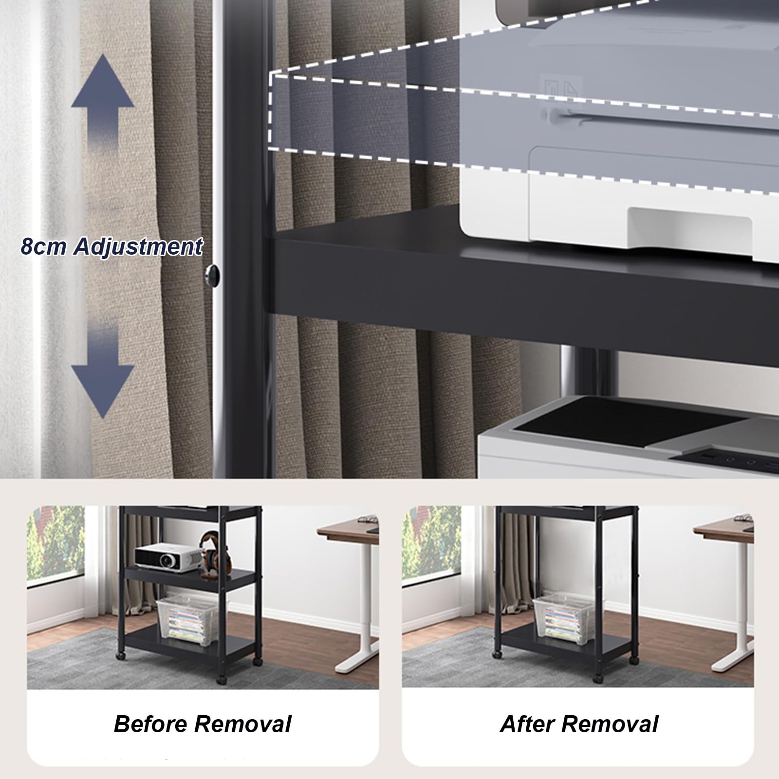 Soporte metálico para Impresora con Ruedas, Carrito de Almacenamiento de 3 Niveles Que Ahorra Espacio, con estantes rodantes para escáner y Prensa térmica | Mesa Multiusos para el