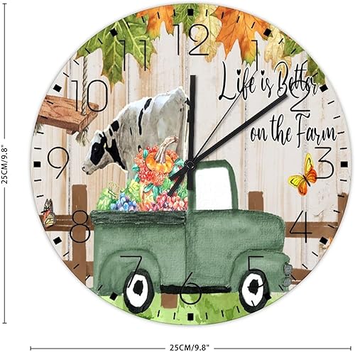 Miniatura 3 de Reloj de pared silencioso que funciona con pilas, sin tictac, Life is Better on The Farm, relojes de pared rústicos con hojas de arce de otoño,