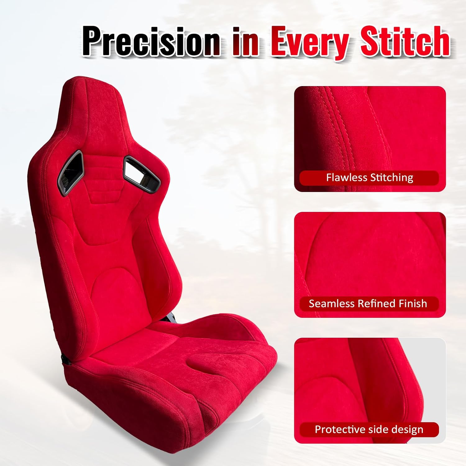 IKON MOTORSPORTS, Red Reclining Racing Seats Pair, Ergonomic Sport Seats with Adjustable Backrest, High-Density Foam & Soft Comfortable Suede Surface for Car, Truck, SUV
