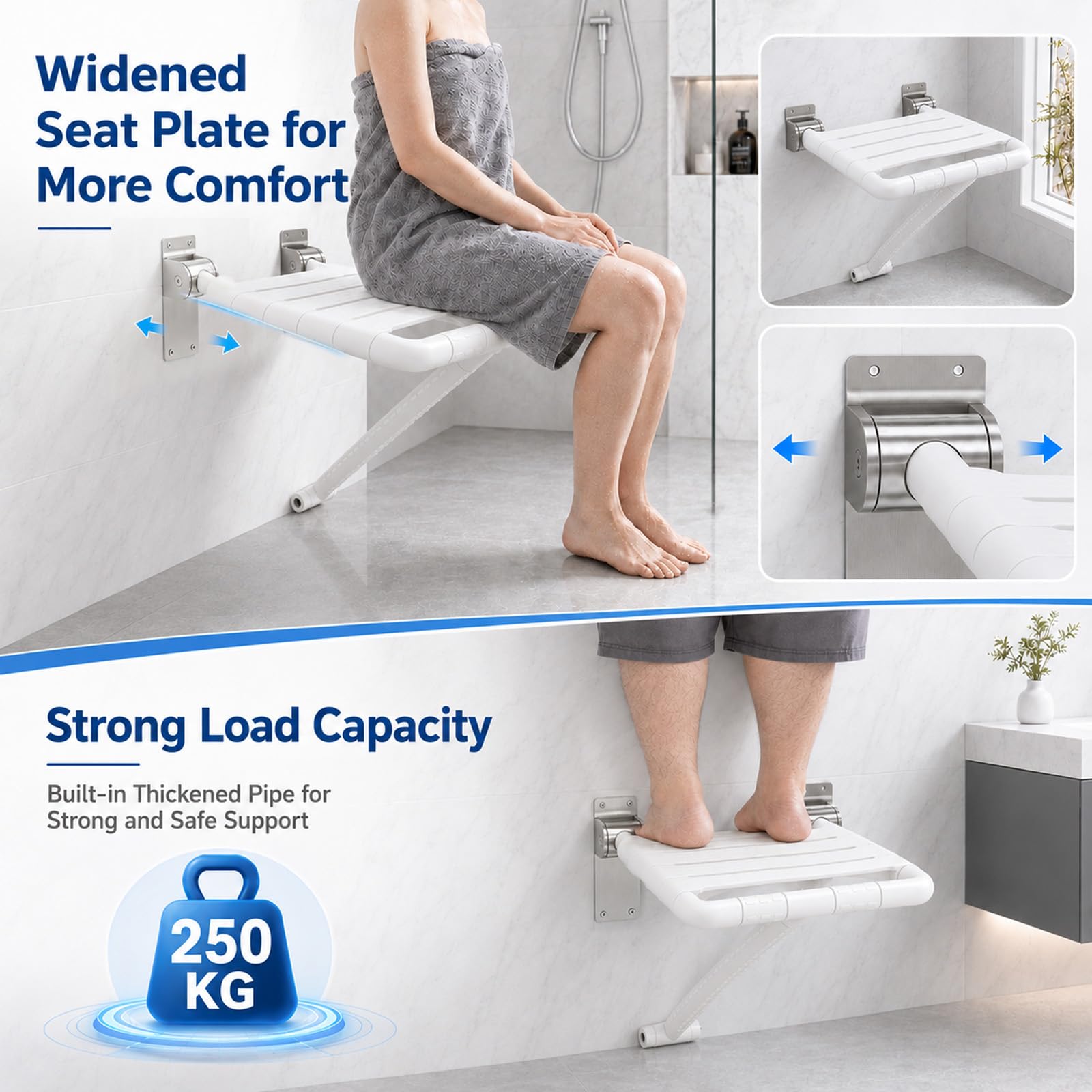 Asiento Ducha Plegable Pared con Patas de Apoyo, Taburete Ducha Abatible con Anillo Fosforescente, Asiento Baño para Personas Mayores y Niños, Carga Máxima 200 kg