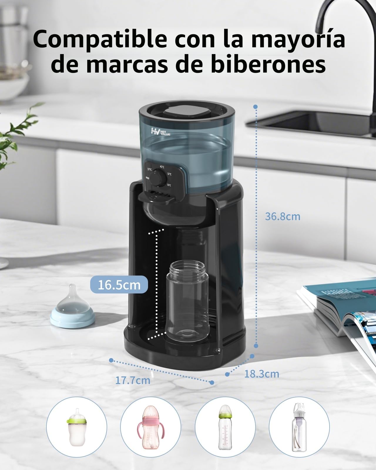 HEYVALUE Preparador de Biberones Instantáneo, Calentador de Agua para Leche de Fórmula, Listo en 25s 4 Temperaturas (37-70°C) Termostato 72H, Dispensador de Agua para Bebés sin BPA, Luz Nocturna Negro