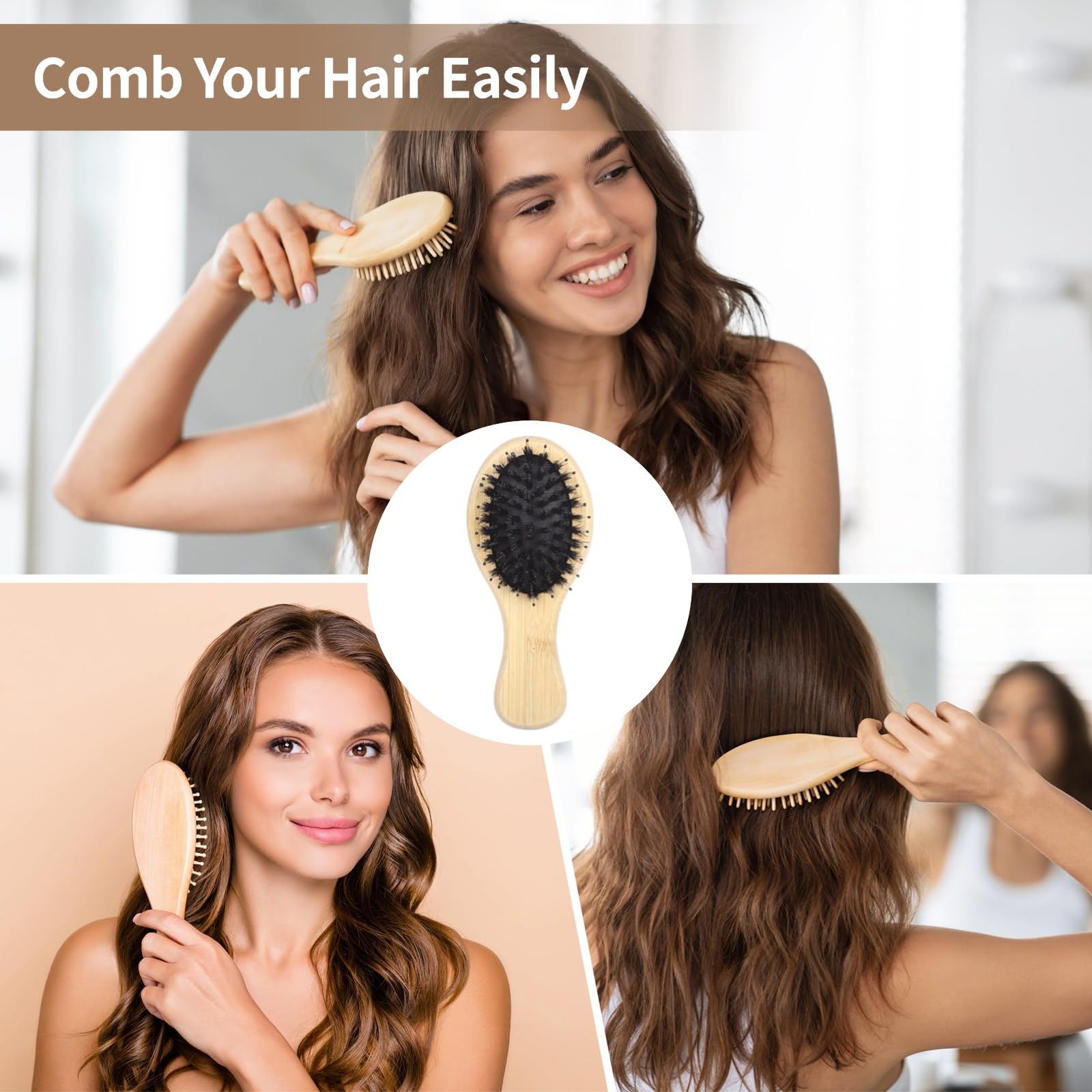 12 mini cepillos de pelo de cerdas de jabalí a granel, cepillos ovalados con mango de madera con cerdas suaves, para peinar detalles, retoques, varios tipos de cabello, venta al por mayor y