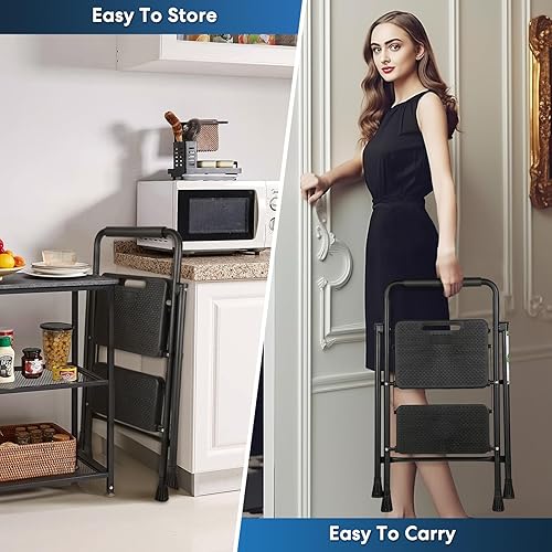Miniatura 6 de Escalera de 2 escalones, taburete plegable con pedal antideslizante ancho, ligero, cómodo agarre, perfecto para cocina y hogar, escalera pequeña,