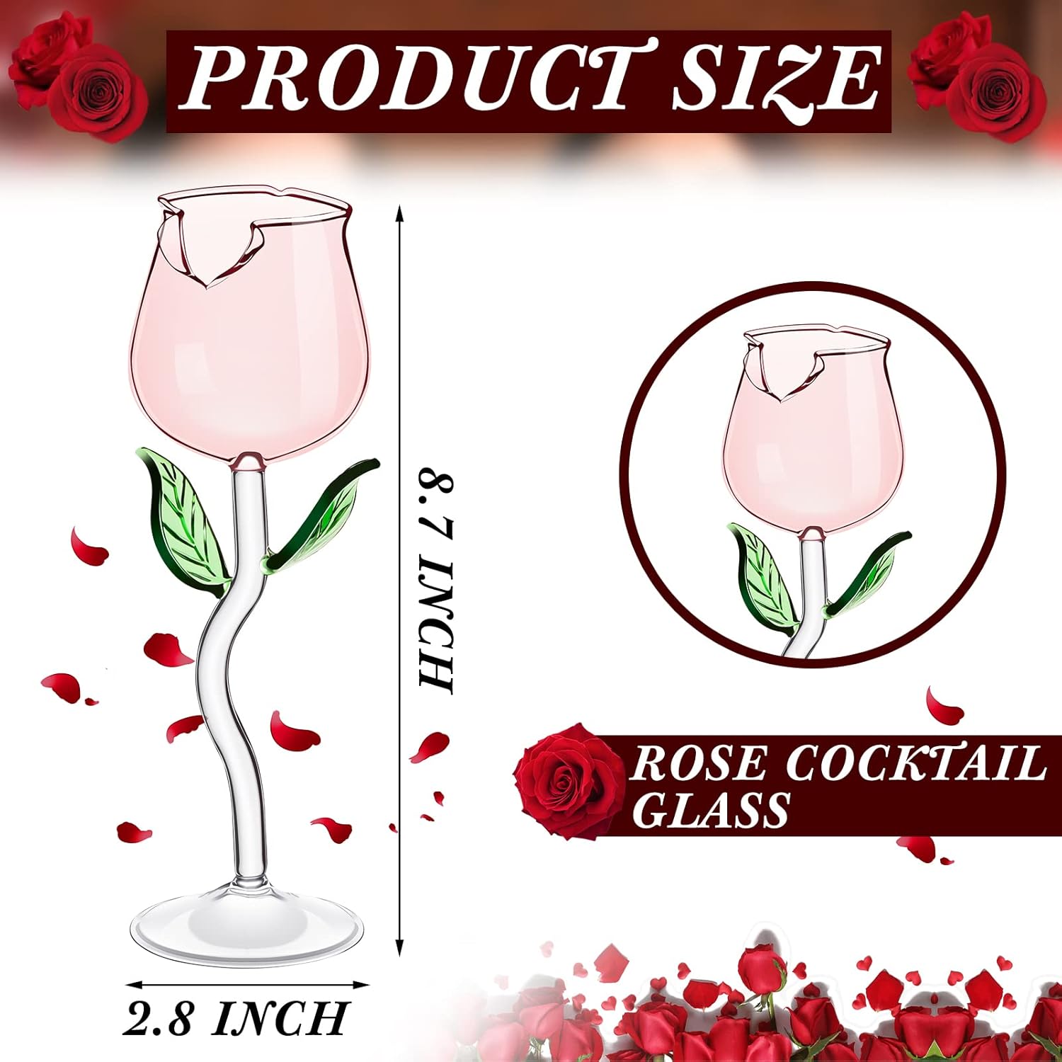 Cunhill 2 Pack Rose Wine Glasses 6oz Creative Crystal Red Wine Glasses Rose Flower Goblet Cocktail Juice Glass for Party Bar Wedding