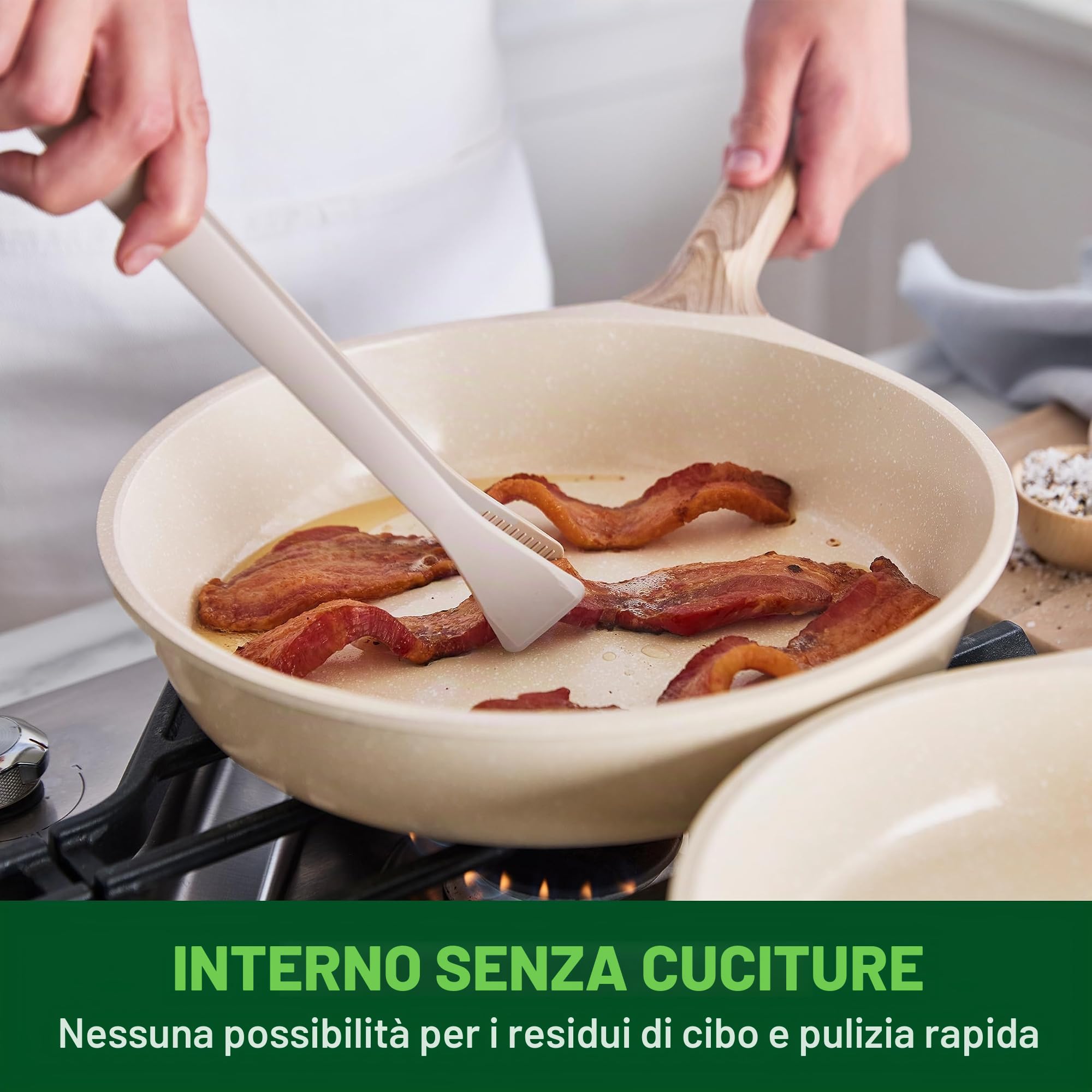 GreenChef Arte - Set di 8 pentole rivestite in ceramica, con manico in legno, colore: bianco crema