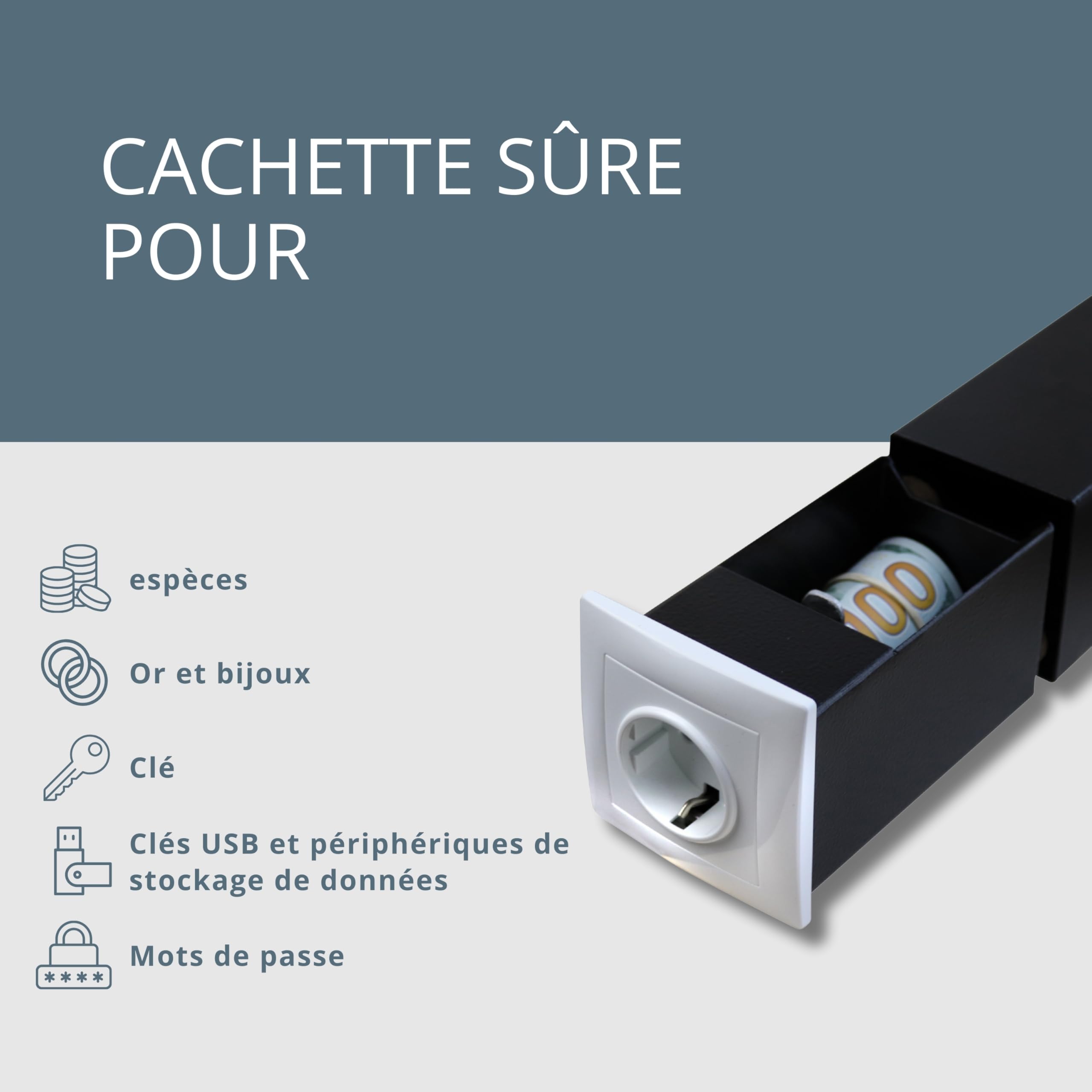 Coffre-fort pour prise de courant, coffre-fort avec 1 prise, ouverture magnétique et serrure spéciale, coffre-fort mural pour ranger de manière invisible, compartiment secret pour argent