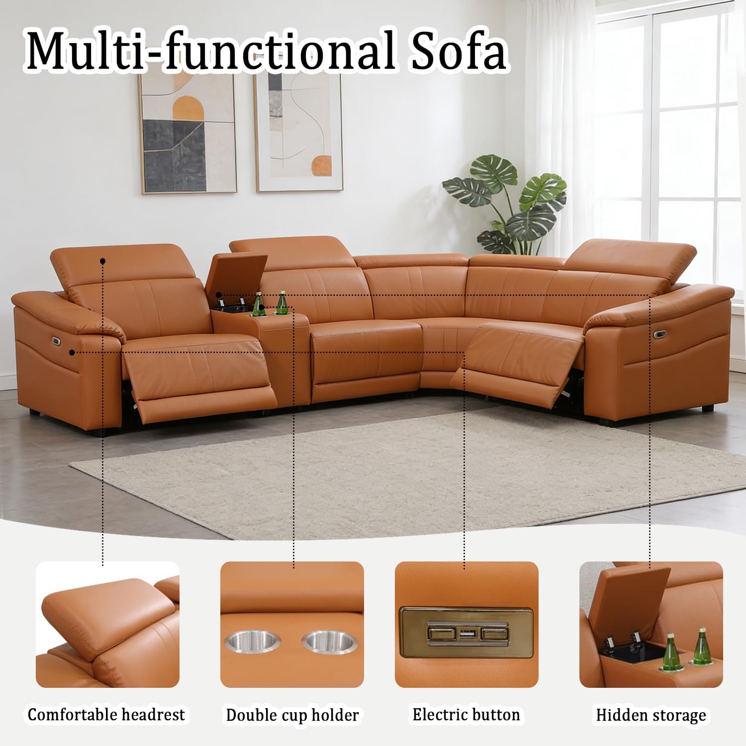 Power Recliner Sofa Set, 5 Seat Breathing Leather Reclining Corner Couch, Living Room Furniture Set with 2 Recliner Seats/Cup Holders/Hidden Storage for Living Room/Home Theater(Orange)