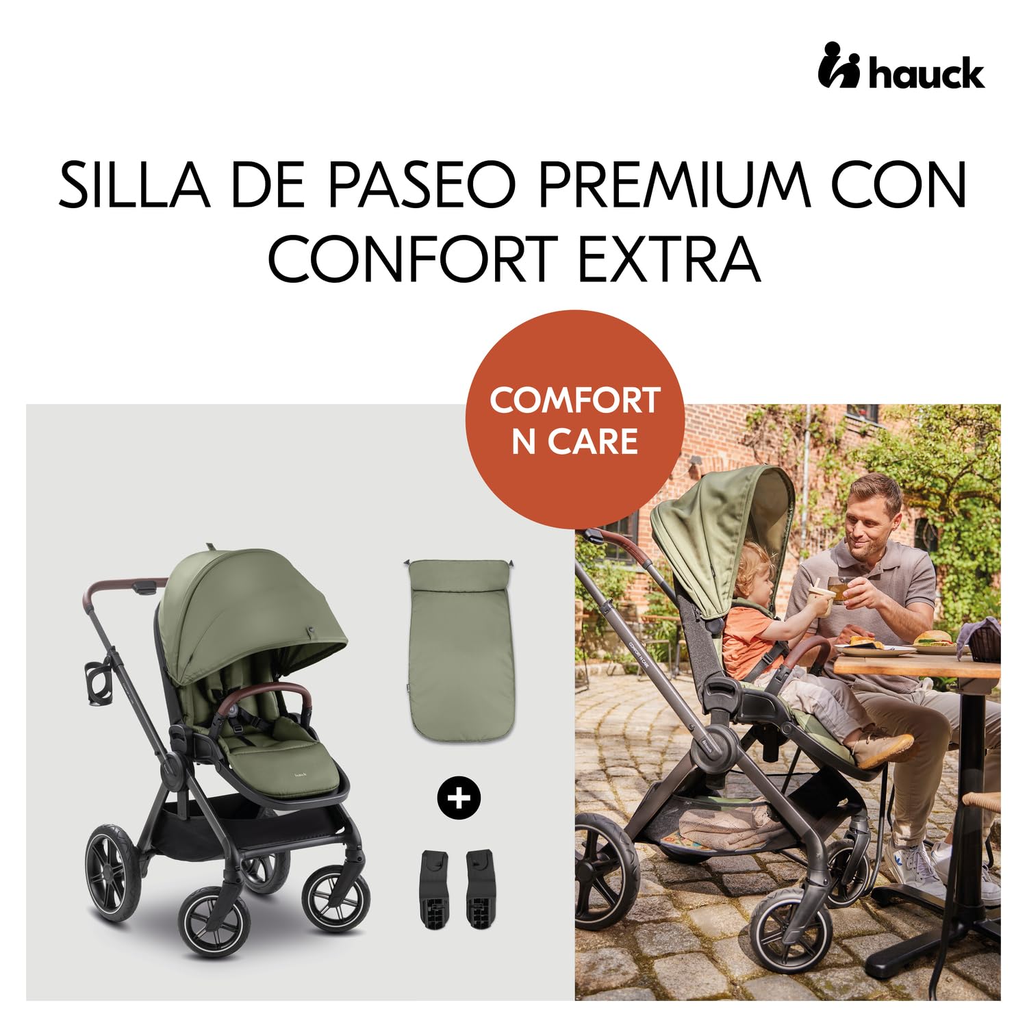 hauck Comfort N Care Carrito Bebe desde Nacimiento hasta 22 kg - Reversible y Reclinable - Capota XL UPF 50+ - Silla de Paseo con Suspensión - Cubrepiernas y Portavasos - Oliva