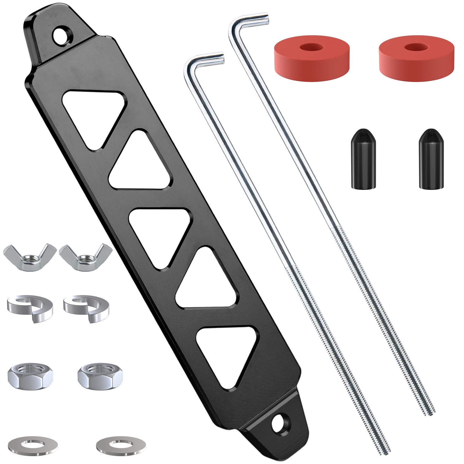 Photo 1 of BFXM Battery Hold Down Kit, Aluminum Alloy Battery Tie Down Mount Bracket, Battery Hold Down Bracket with J Bolts, Universal 8.5" Triangular Five-Hole Car Battery Holder Kit for Car, SUV, RV (Black)