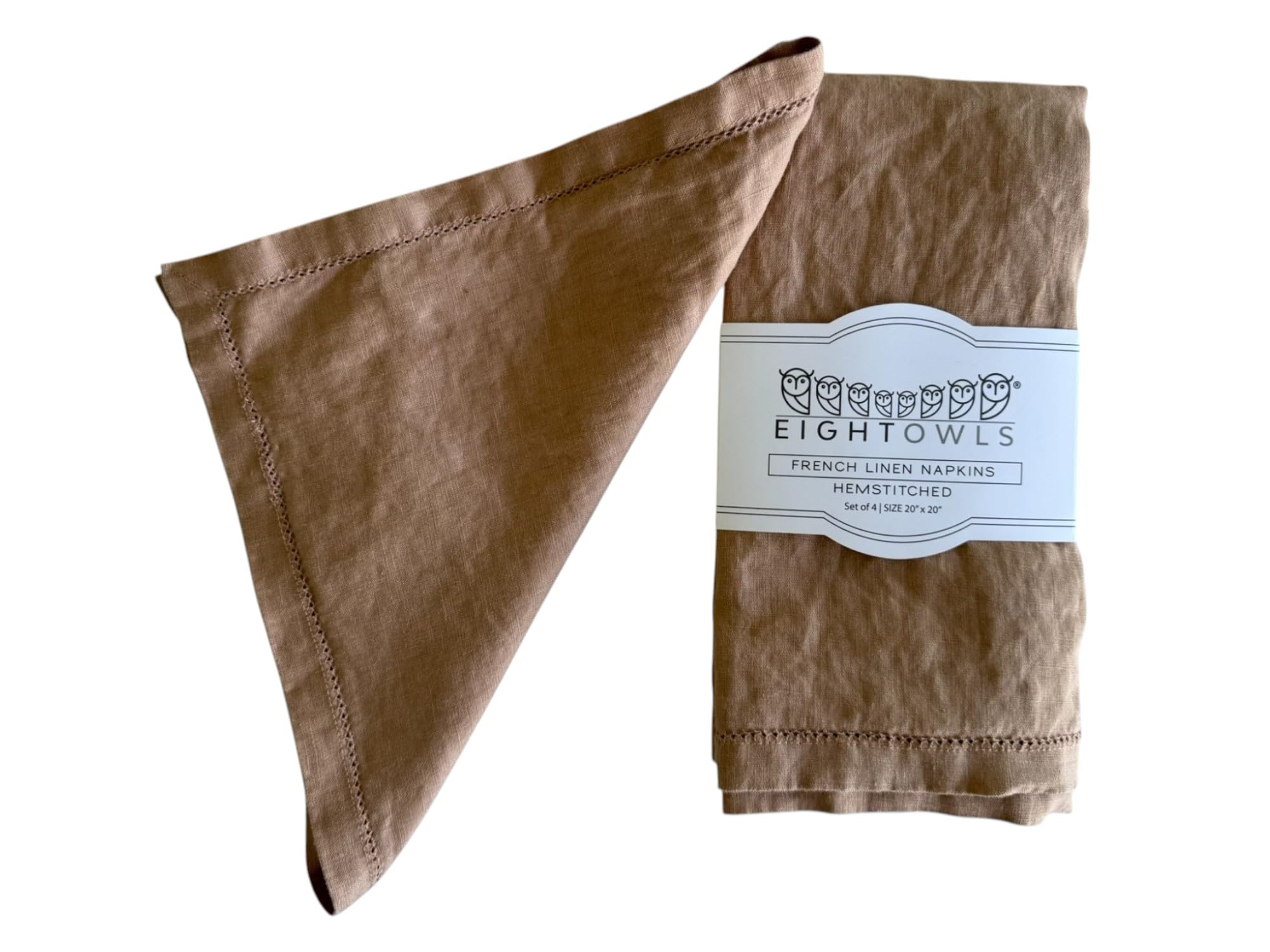 Eight Owls Caramel Hemstitched Linen Napkins – 50 Cm X 50 Cm - Stonewashed Pure Linen Cloth Napkins With Mitered Corners – Set Of 4 (Caramel)