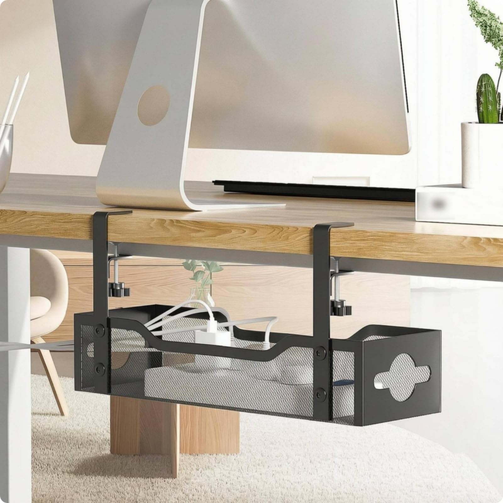Desktop Cable Organizer Vassoio Cavi Sottoscrivania Portaciabatte Portacavi Portafili in Acciaio al Carbonio a Morsetto Senza Viti per Gestione Cavi, Bianco, Versione Migliorata